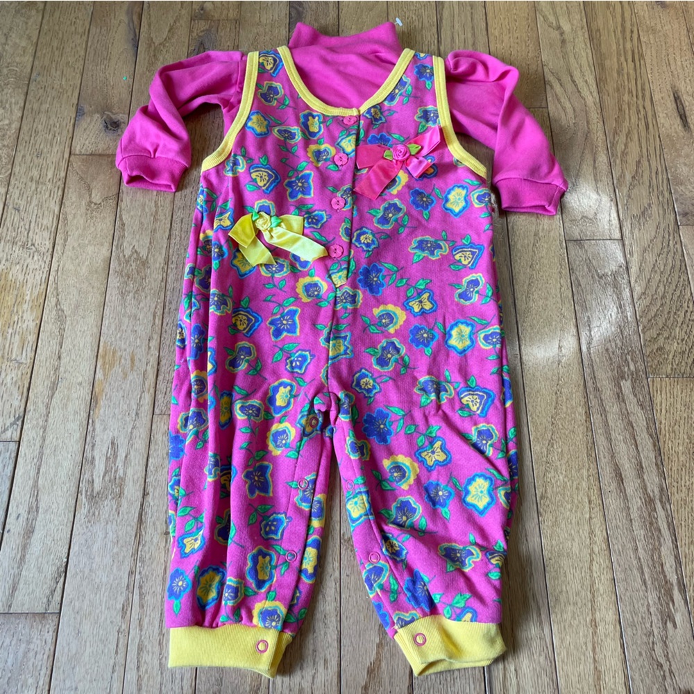 NWT VINTAGE SMALL STEPS PINK YELLOW FLORAL GRAPHIC PRINT OVERALLS SIZE 18 MONTHS